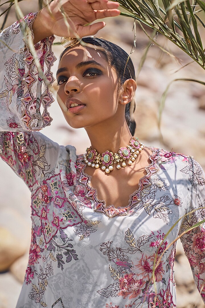 Light Grey Georgette Embellished Kurta Set by Ridhima Bhasin at Pernia's Pop Up Shop