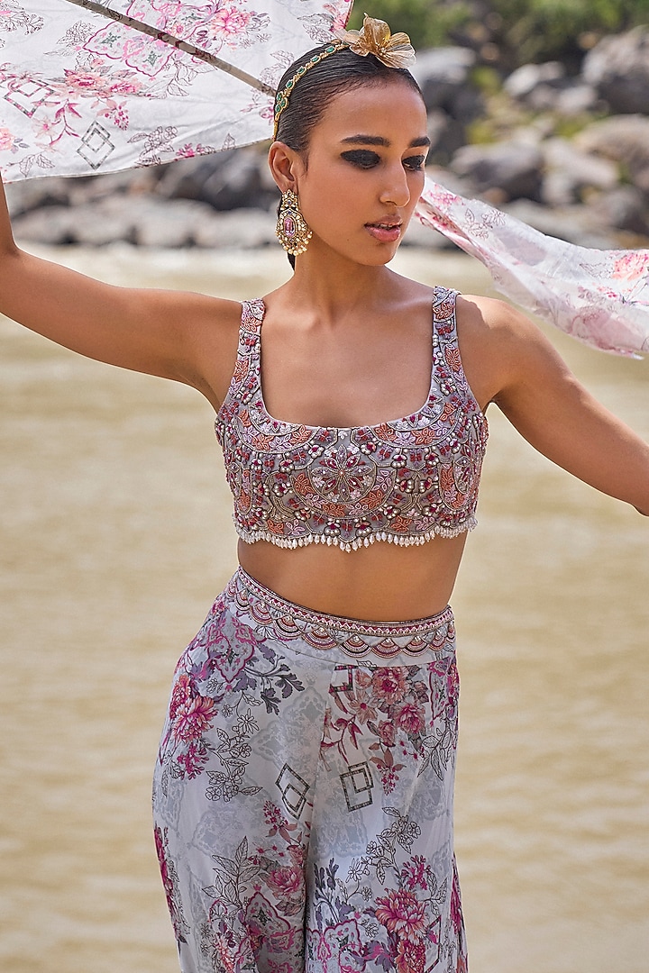 Light Grey Georgette Flared Palazzo Pant Set by Ridhima Bhasin at Pernia's Pop Up Shop
