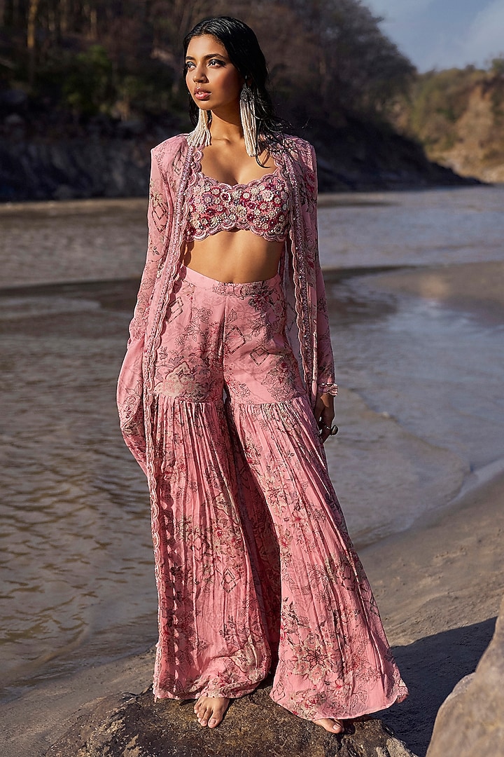 Candy Pink Chiffon & Organza Printed Gathered Sharara Set by Ridhima Bhasin