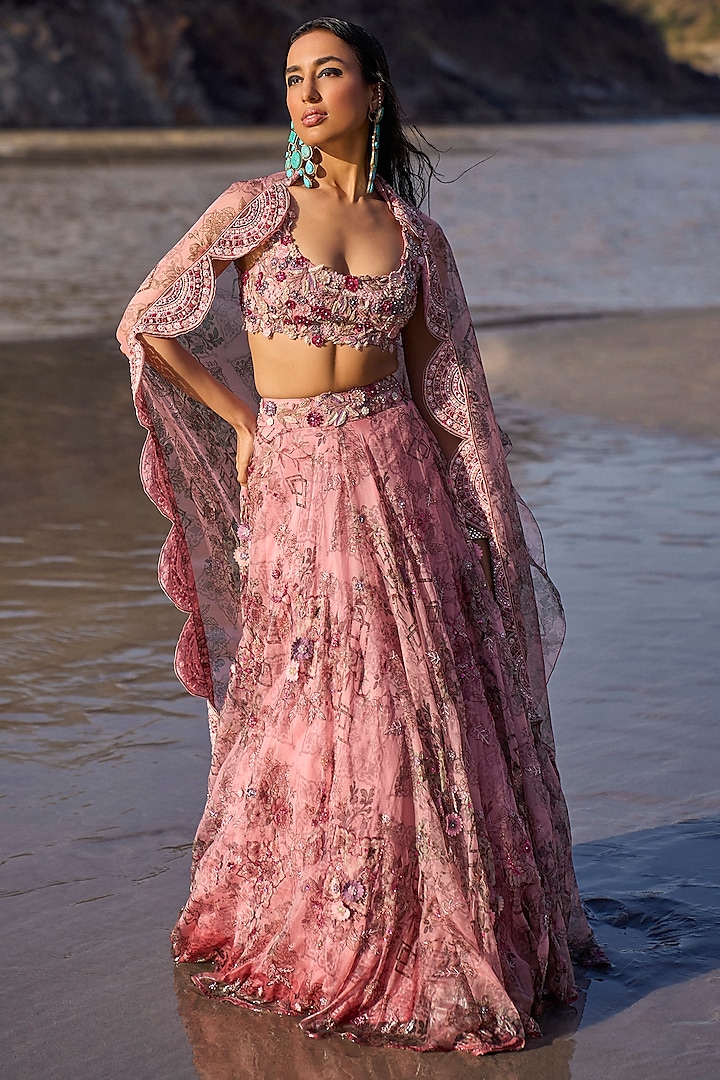 Candy Pink Organza Printed Lehenga Set by Ridhima Bhasin