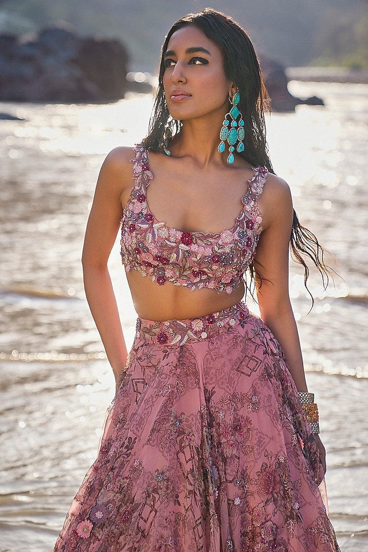 Candy Pink Organza Printed Bridal Lehenga Set by Ridhima Bhasin at Pernia's Pop Up Shop