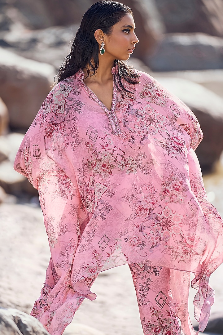 Candy Pink Georgette Embellished Kaftan Set by Ridhima Bhasin at Pernia's Pop Up Shop