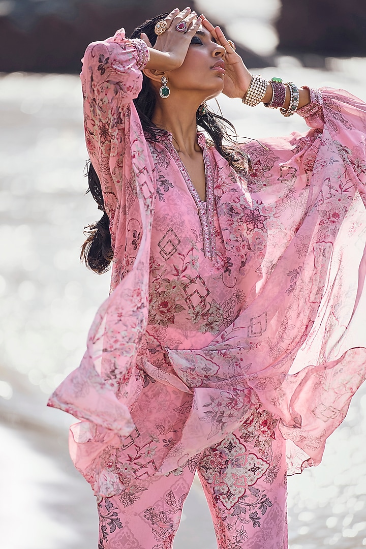 Candy Pink Georgette Embellished Kaftan Set by Ridhima Bhasin at Pernia's Pop Up Shop