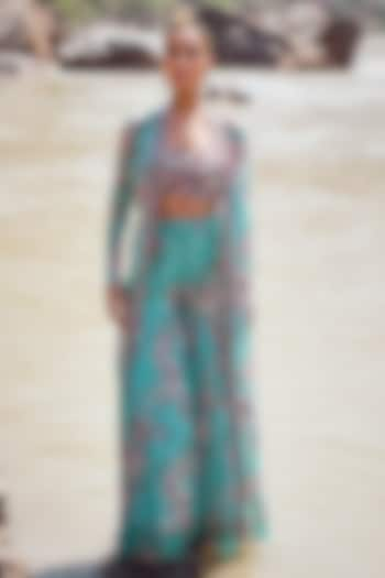 Aqua Chiffon Printed Gathered Sharara Set by Ridhima Bhasin