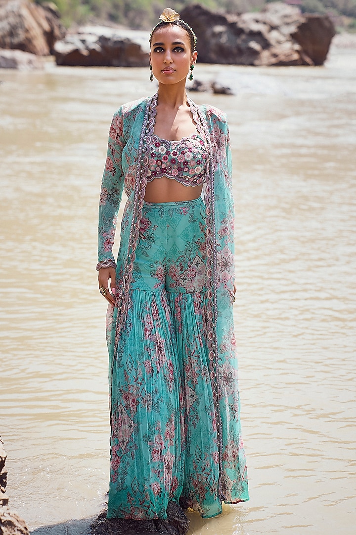 Aqua Chiffon Printed Gathered Sharara Set by Ridhima Bhasin