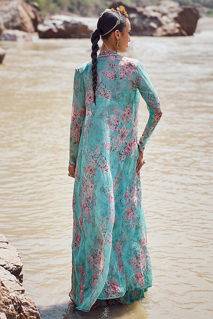 Aqua Chiffon Printed Gathered Wedding Sharara Set by Ridhima Bhasin at Pernia's Pop Up Shop