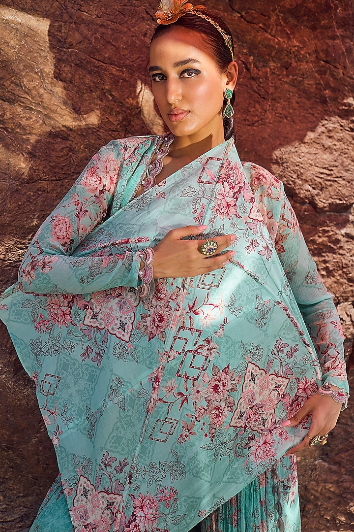 Aqua Chiffon Printed Gathered Wedding Sharara Set by Ridhima Bhasin at Pernia's Pop Up Shop