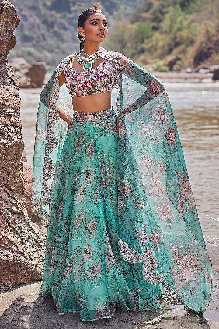 Aqua Organza Printed Wedding Lehenga Set by Ridhima Bhasin at Pernia's Pop Up Shop