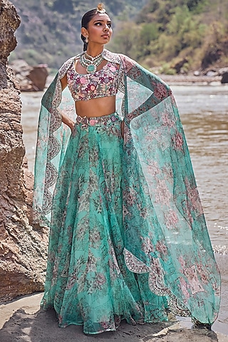 Aqua Organza Printed Lehenga Set by Ridhima Bhasin