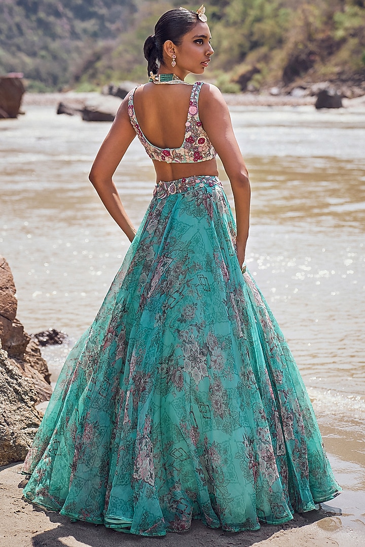Aqua Organza Printed Wedding Lehenga Set by Ridhima Bhasin at Pernia's Pop Up Shop
