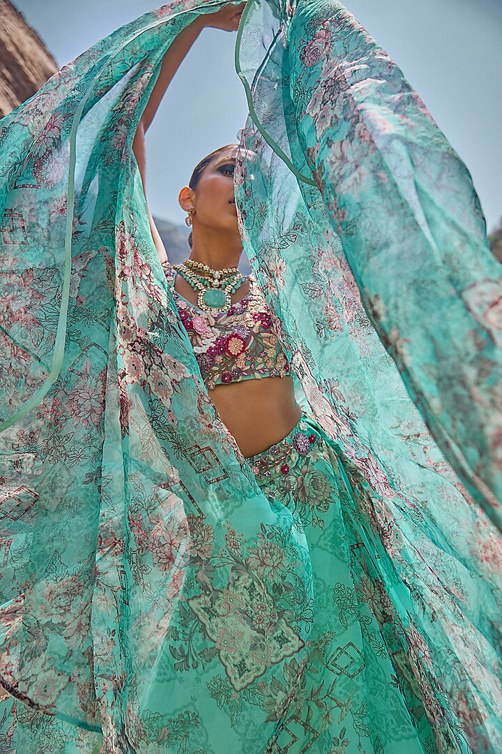 Aqua Organza Printed Wedding Lehenga Set by Ridhima Bhasin at Pernia's Pop Up Shop