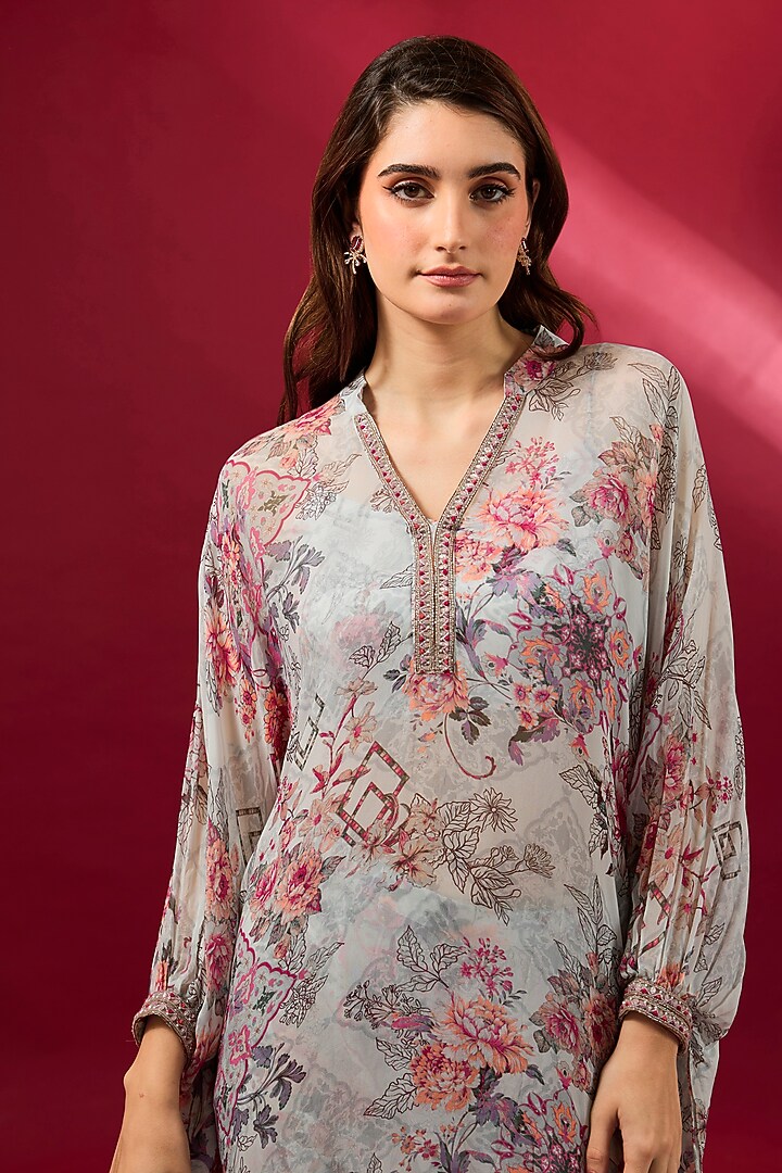 Light Grey Georgette & Rayon High-Low Kurta Set by Ridhima Bhasin at Pernia's Pop Up Shop