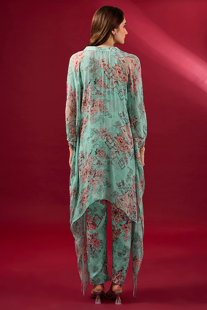 Aqua Georgette & Rayon High-Low Kurta Set by Ridhima Bhasin at Pernia's Pop Up Shop