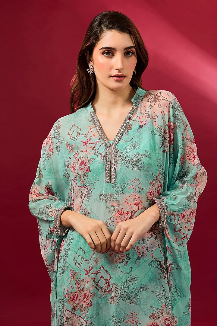Aqua Georgette & Rayon High-Low Kurta Set by Ridhima Bhasin at Pernia's Pop Up Shop