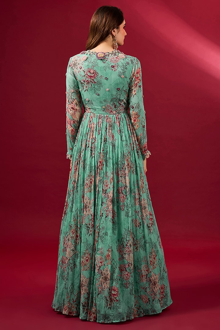 Aqua Chiffon & Organza Wedding Anarkali Set by Ridhima Bhasin at Pernia's Pop Up Shop