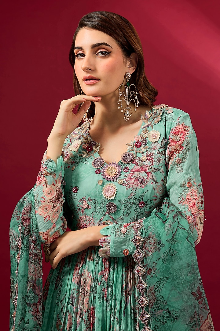 Aqua Chiffon & Organza Wedding Anarkali Set by Ridhima Bhasin at Pernia's Pop Up Shop