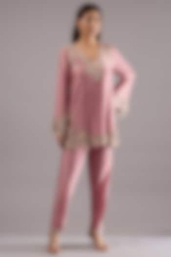 Candy Pink Chanderi Motif Embroidered Kurta Set by Ridhima Bhasin at Pernia's Pop Up Shop
