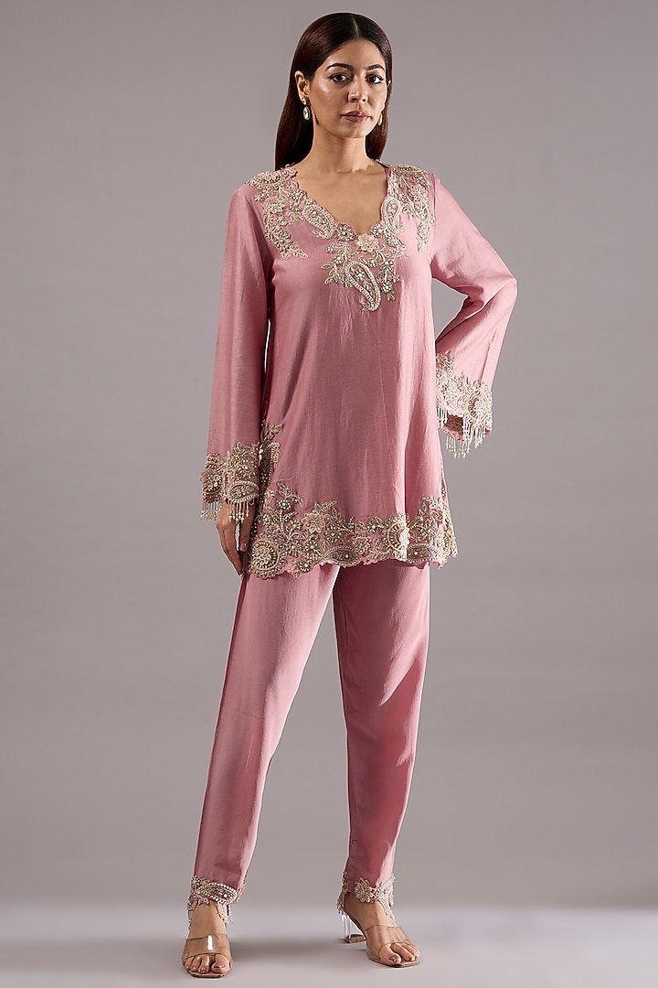 Candy Pink Chanderi Motif Embroidered Kurta Set by Ridhima Bhasin at Pernia's Pop Up Shop