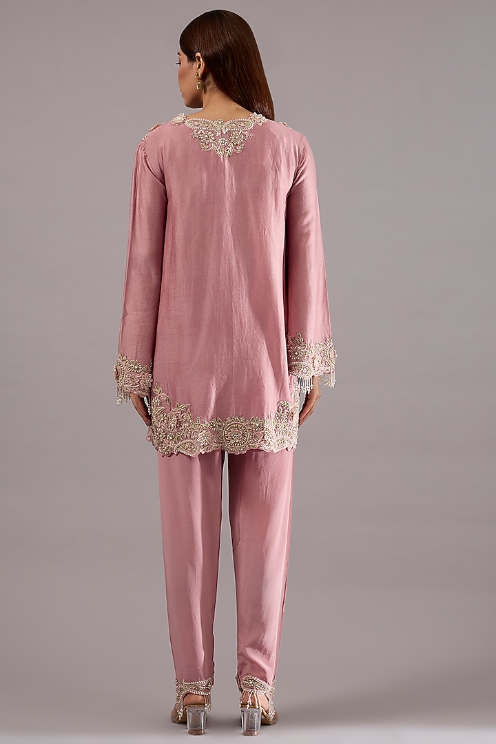 Candy Pink Chanderi Motif Embroidered Kurta Set by Ridhima Bhasin at Pernia's Pop Up Shop