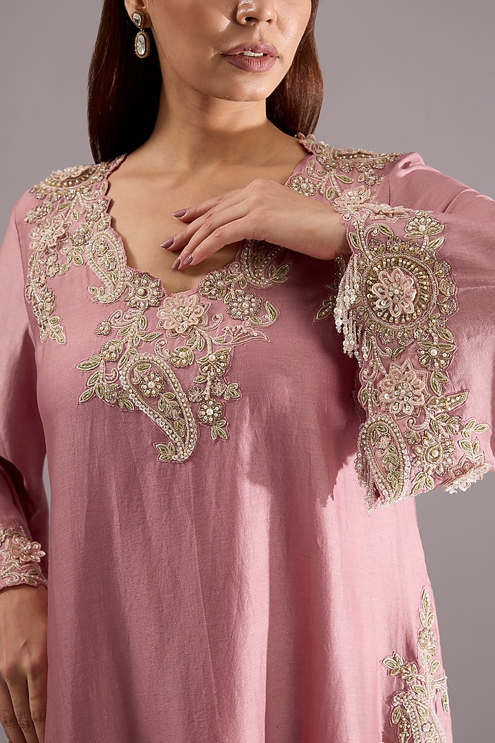 Candy Pink Chanderi Motif Embroidered Kurta Set by Ridhima Bhasin at Pernia's Pop Up Shop