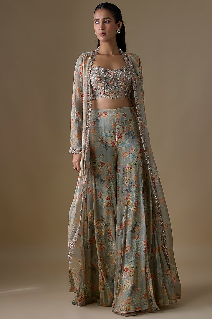 Grey Chiffon & Organza Jacket Set by Ridhima Bhasin at Pernia's Pop Up Shop