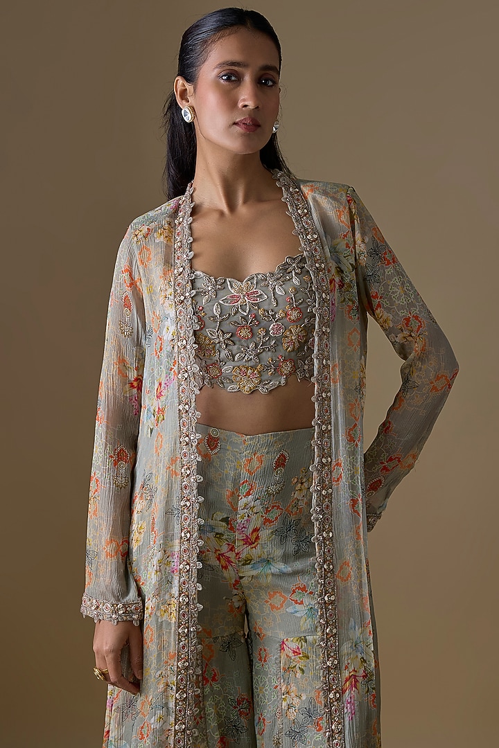 Grey Chiffon & Organza Jacket Set by Ridhima Bhasin at Pernia's Pop Up Shop