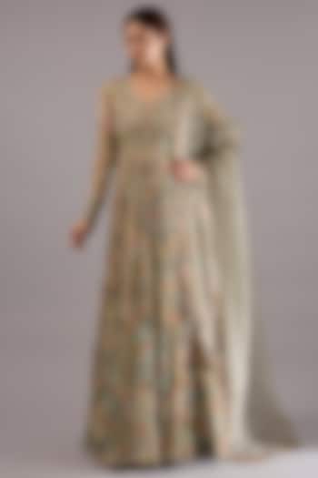 Grey Chiffon Floral Printed Pleated Wedding Anarkali Set by Ridhima Bhasin at Pernia's Pop Up Shop