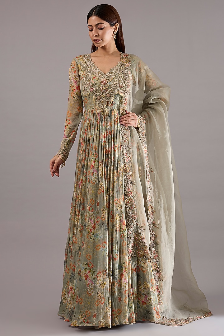Grey Chiffon Floral Printed Pleated Wedding Anarkali Set by Ridhima Bhasin at Pernia's Pop Up Shop