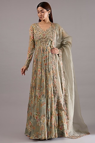 Grey Chiffon Floral Printed Pleated Anarkali Set by Ridhima Bhasin