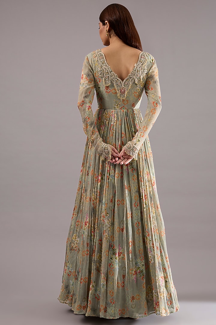 Grey Chiffon Floral Printed Pleated Wedding Anarkali Set by Ridhima Bhasin at Pernia's Pop Up Shop