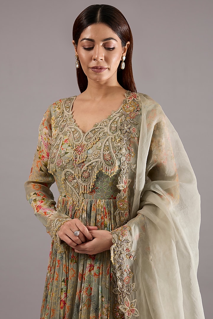 Grey Chiffon Floral Printed Pleated Wedding Anarkali Set by Ridhima Bhasin at Pernia's Pop Up Shop