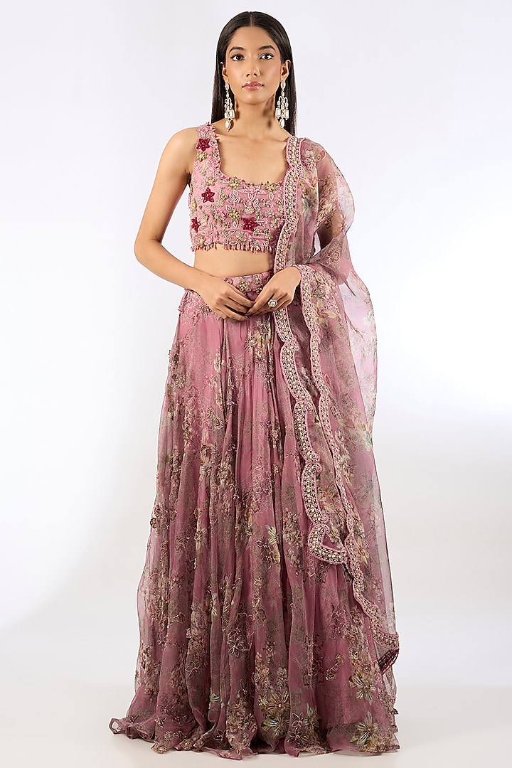 Pink Organza Floral Printed & Embroidered Bridal Lehenga Set by Ridhima Bhasin at Pernia's Pop Up Shop