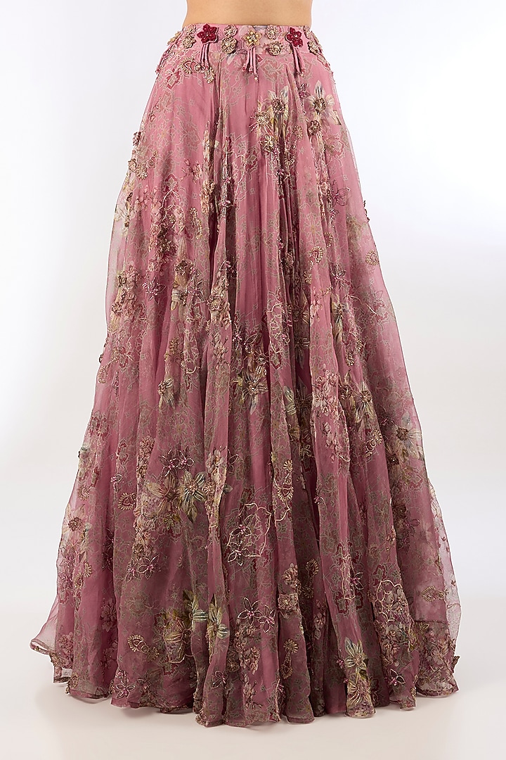 Pink Organza Floral Printed & Embroidered Bridal Lehenga Set by Ridhima Bhasin at Pernia's Pop Up Shop