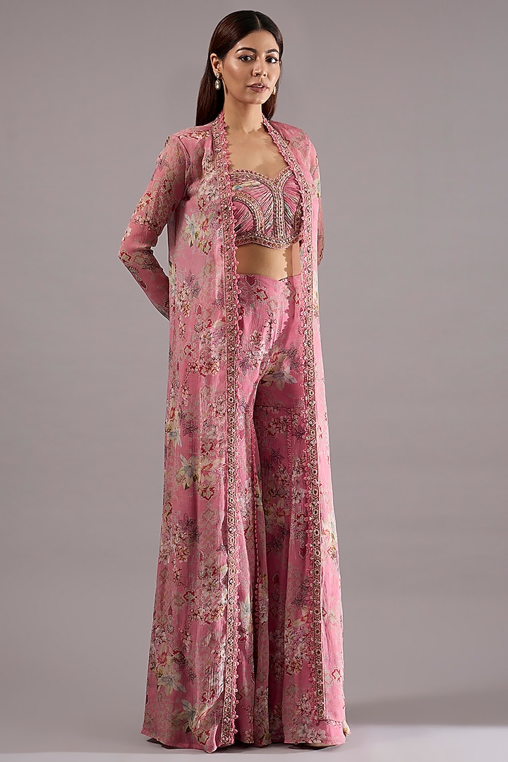 Pink Chiffon & Organza Floral Embellished Wedding Sharara Set by Ridhima Bhasin at Pernia's Pop Up Shop