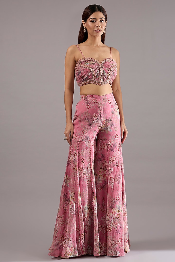 Pink Chiffon & Organza Floral Embellished Wedding Sharara Set by Ridhima Bhasin at Pernia's Pop Up Shop