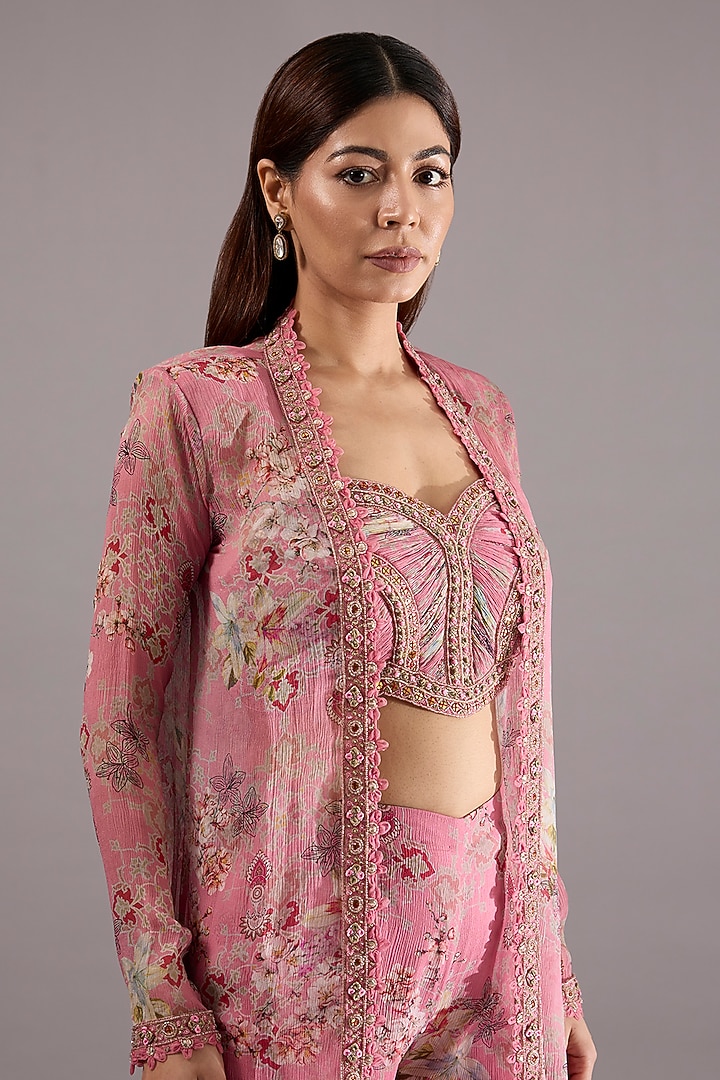 Pink Chiffon & Organza Floral Embellished Wedding Sharara Set by Ridhima Bhasin at Pernia's Pop Up Shop