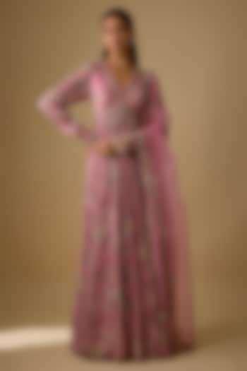 Pink Chiffon & Organza Wedding Anarkali Set by Ridhima Bhasin at Pernia's Pop Up Shop