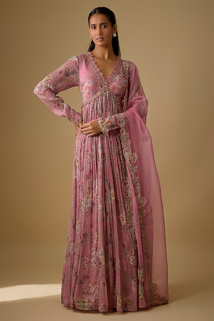 Pink Chiffon & Organza Wedding Anarkali Set by Ridhima Bhasin at Pernia's Pop Up Shop