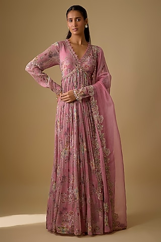 Pink Chiffon & Organza Anarkali Set by Ridhima Bhasin