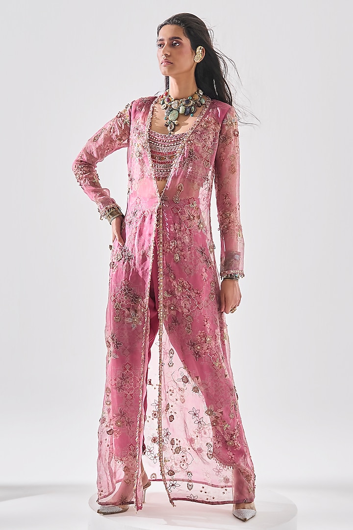 Pink Organza & Crepe Hand Embroidered Jacket Set by Ridhima Bhasin at Pernia's Pop Up Shop