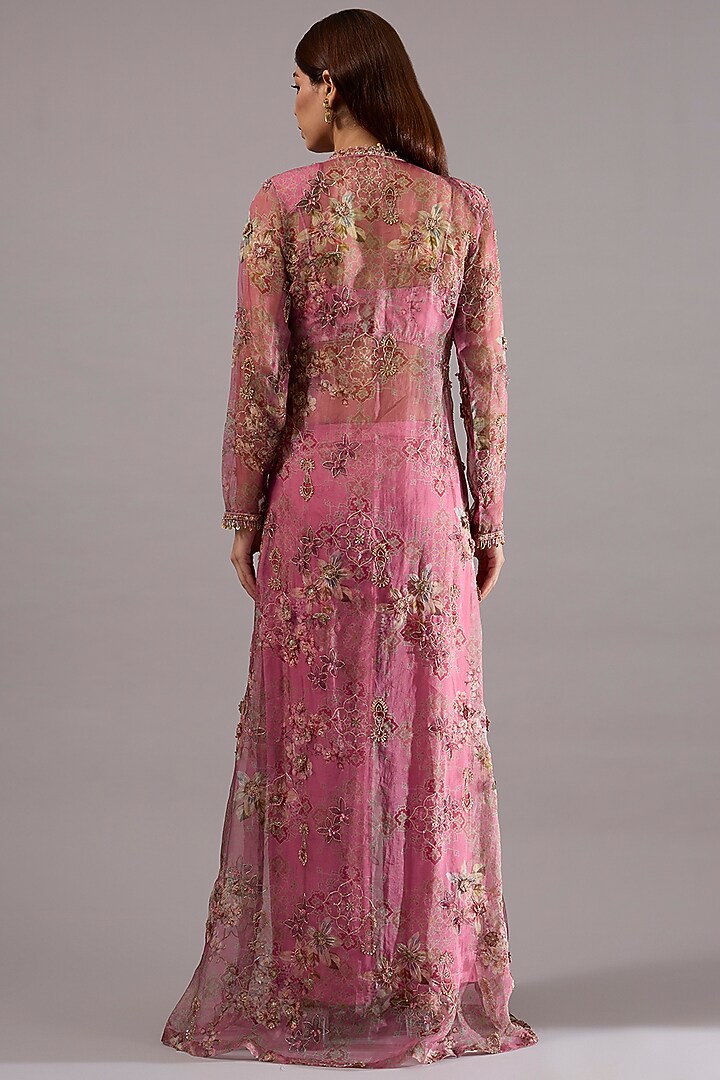Pink Organza Floral Hand Embroidered Jacket Set by Ridhima Bhasin at Pernia's Pop Up Shop