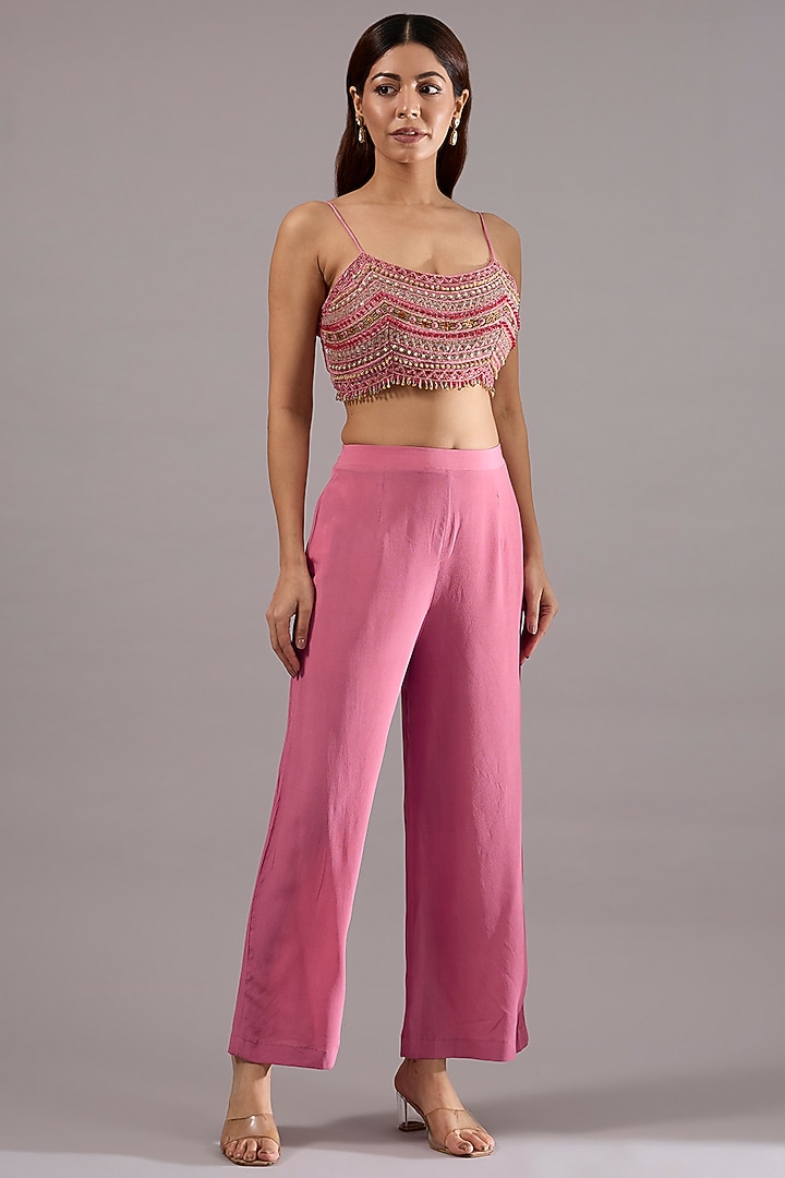 Pink Organza Floral Hand Embroidered Jacket Set by Ridhima Bhasin at Pernia's Pop Up Shop
