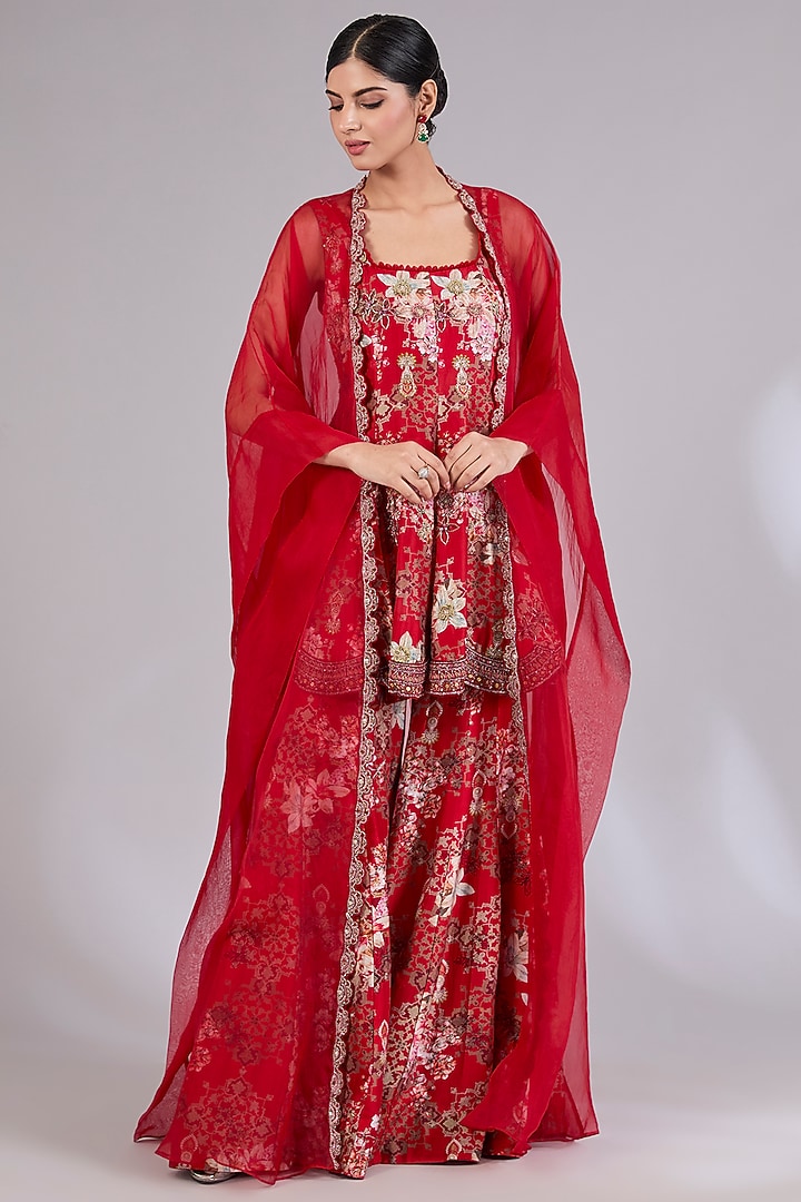 Red Chanderi & Organza Wedding Sharara Set by Ridhima Bhasin at Pernia's Pop Up Shop