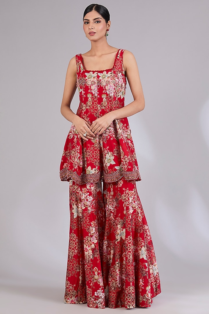 Red Chanderi & Organza Wedding Sharara Set by Ridhima Bhasin at Pernia's Pop Up Shop