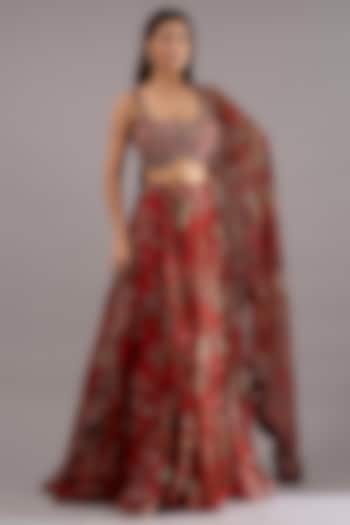 Red Crepe & Organza Floral Printed Bridal Lehenga Set by Ridhima Bhasin at Pernia's Pop Up Shop