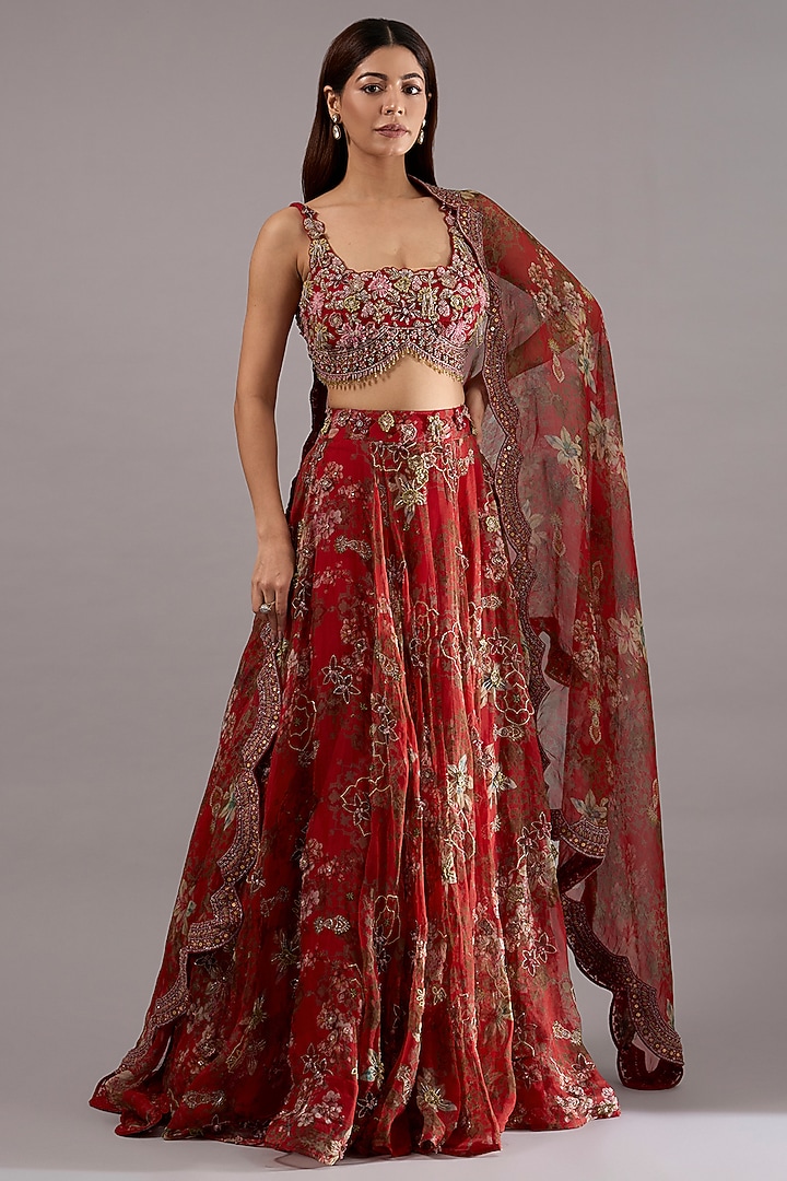 Red Crepe & Organza Floral Printed Bridal Lehenga Set by Ridhima Bhasin at Pernia's Pop Up Shop