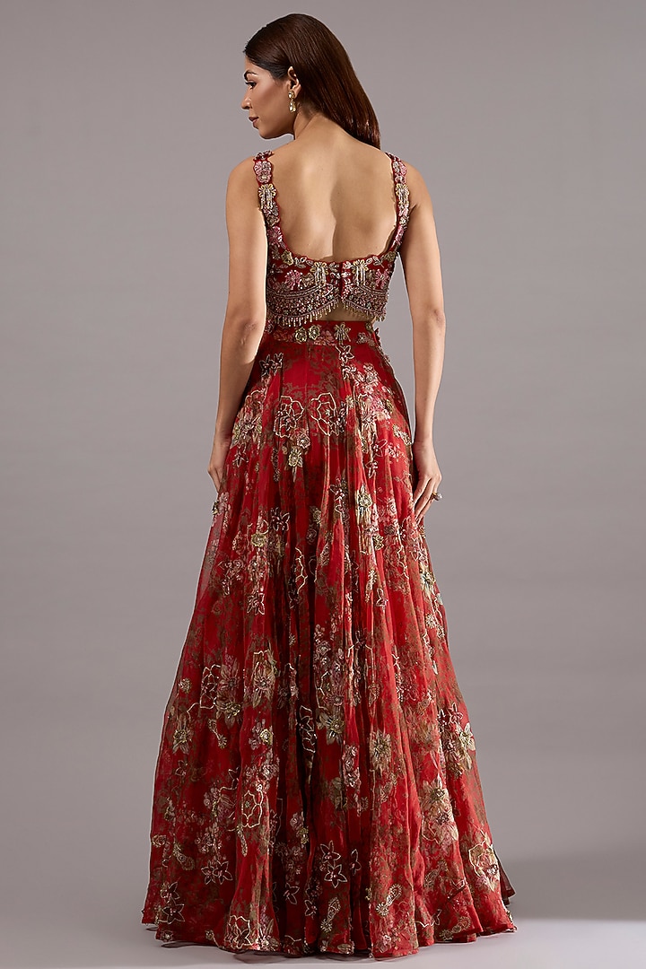 Red Crepe & Organza Floral Printed Bridal Lehenga Set by Ridhima Bhasin at Pernia's Pop Up Shop