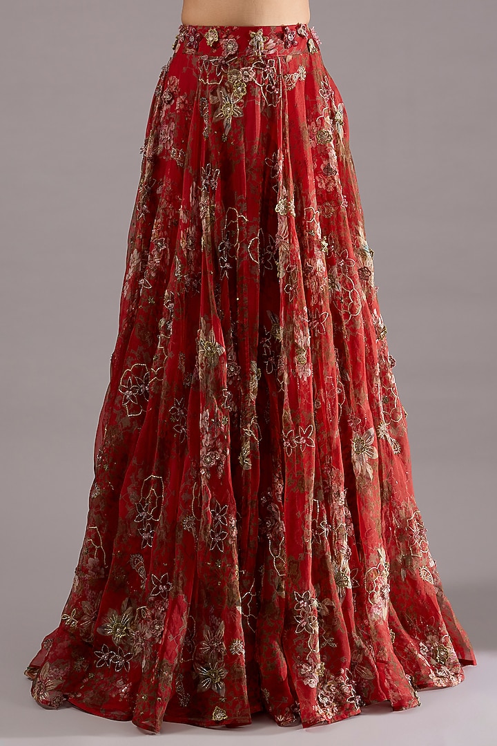 Red Crepe & Organza Floral Printed Bridal Lehenga Set by Ridhima Bhasin at Pernia's Pop Up Shop