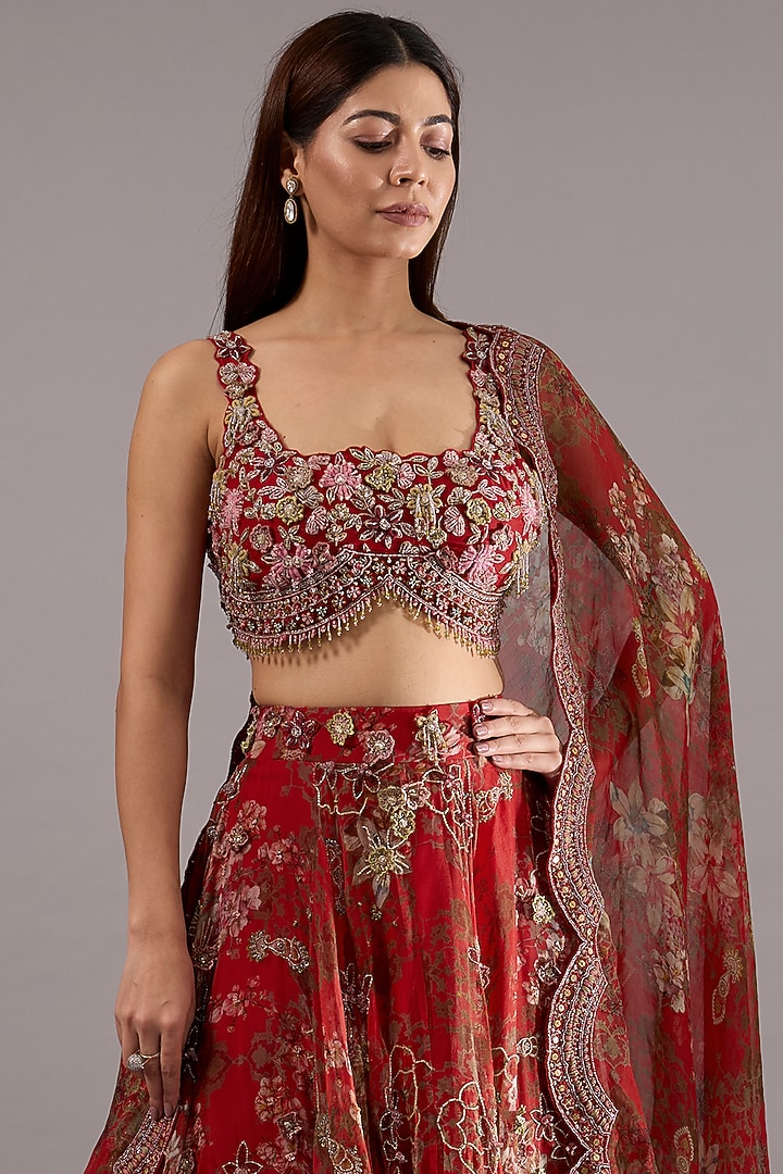 Red Crepe & Organza Floral Printed Bridal Lehenga Set by Ridhima Bhasin at Pernia's Pop Up Shop