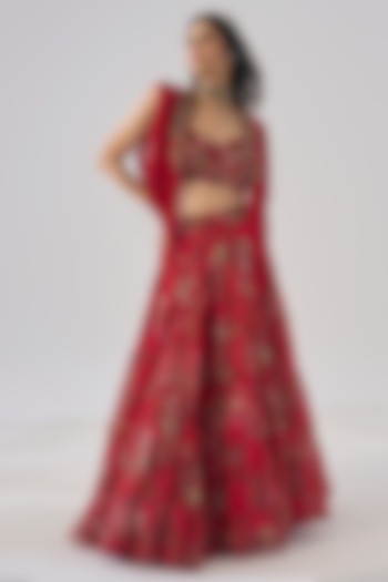 Red Organza Floral Printed & Embroidered Jacket Bridal lehenga for 22 Lehenga Set by Ridhima Bhasin at Pernia's Pop Up Shop